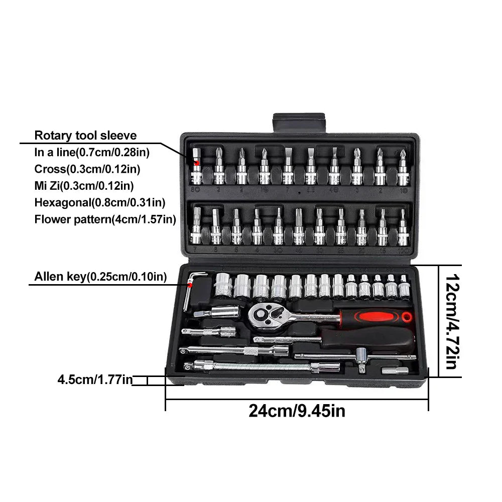 46PCS Ratchet Wrench Tool Set 1/4 Metric Socket Wrench Household Manual Repair Tools for Bike Repair