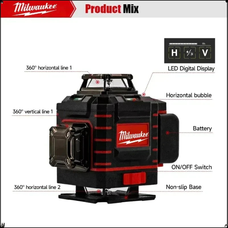 s Sale 20% Milwaukee 3D/4D Laser Level 12/16 Lines Horizontal And Vertical Control 16 Lines 360° Self-leveling Laser Levels Power Tools