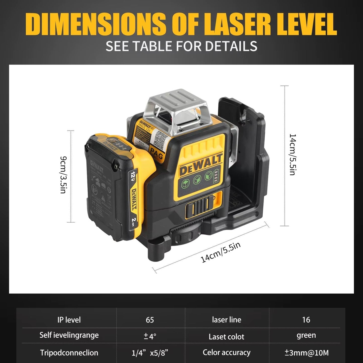 2026 DEWALT DW089LG Laser Level 12-Line 3-Sides 360-Degree Vertical Lines Outdoor Use with 12V Lithium Battery Laser Level Meter