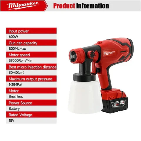 Milwaukee 800ML Paint Spray Gun Tank & 600W 39000 RPM Brushless Motor Auto Furniture Wall Car Sprayer For Milwaukee Battery