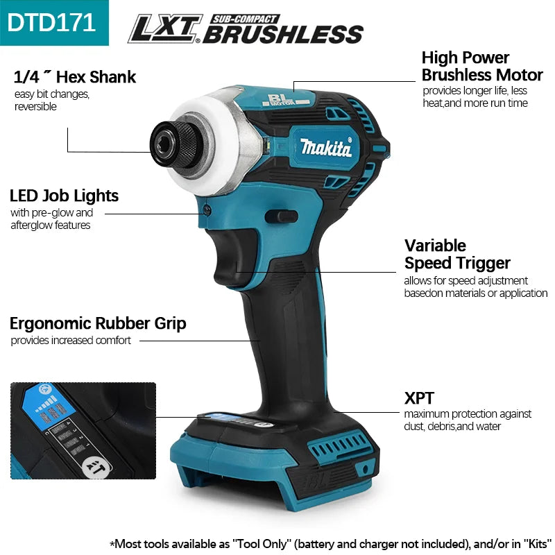 Makita DTD171 Brushless Motor Impact Driver Screwdriver Cordless Rechargeable Drill Power Tool For 18V Battery